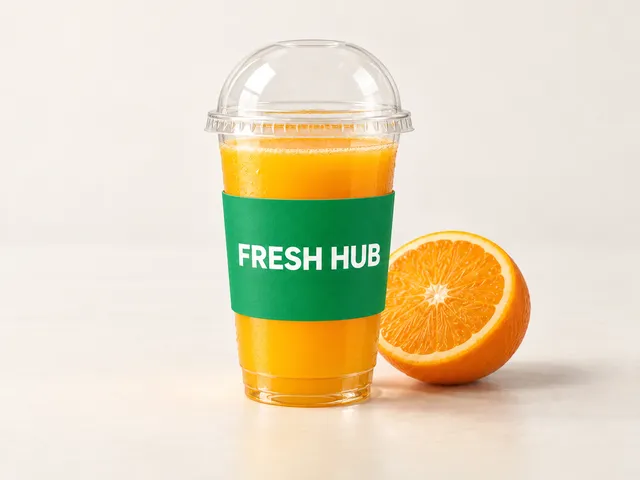 Orange juice in a clear PET cup with a dome lid and green FRESH HUB sleeve